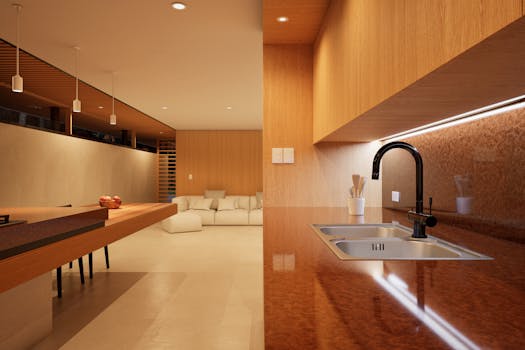 Luxurious contemporary living room and kitchenette with wooden finishes.