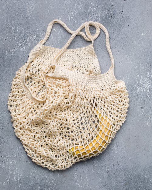 White Crocheted Bag With Banana Fruit