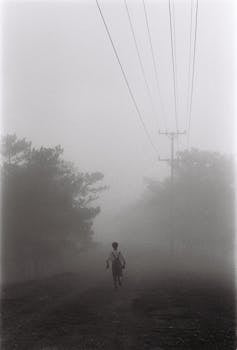 雾中，一个孤独的人沿着电线下的路奔跑，营造出一种神秘而喜怒无常的氛围