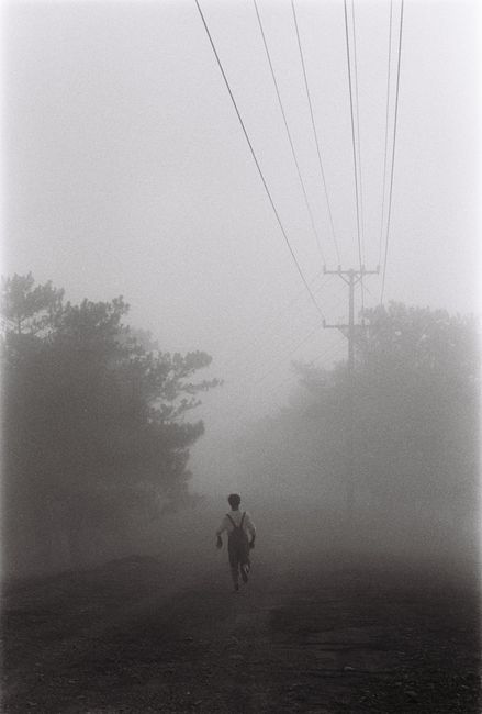 A lone person runs down a foggy road beneath power lines, creating a mysterious and moody atmosphere.