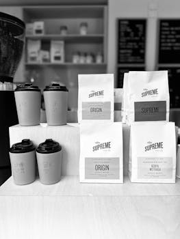 Elegant black and white display of coffee bags and reusable cups at a café.