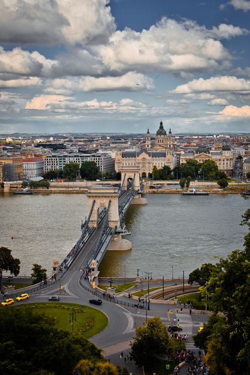 Free Aerial view of the iconic Széchenyi Chain Bridge spanning the Danube River in Budapest, Hungary. Stock Photo