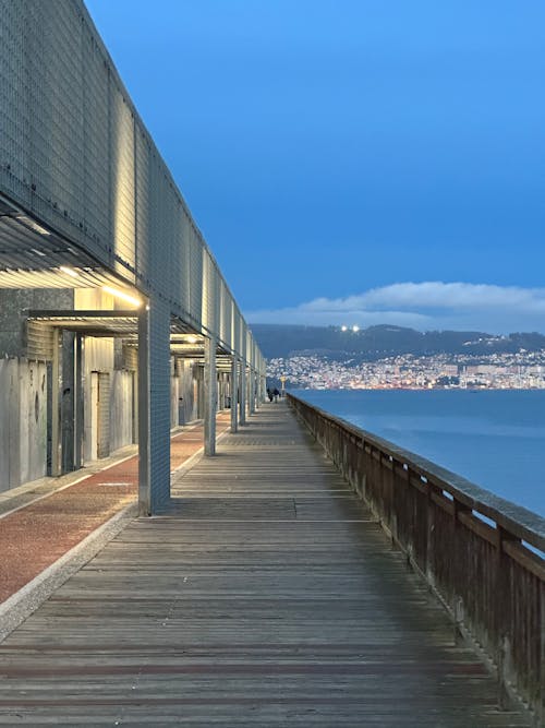 Pier with a view of the Atlantic Ocean and Vigo city, Cangas, Galicia, Spain, April 2023