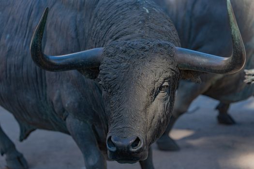 Close-up of a bronze bull statue outdoors, showcasing its powerful horns and detailed craftsmanship.