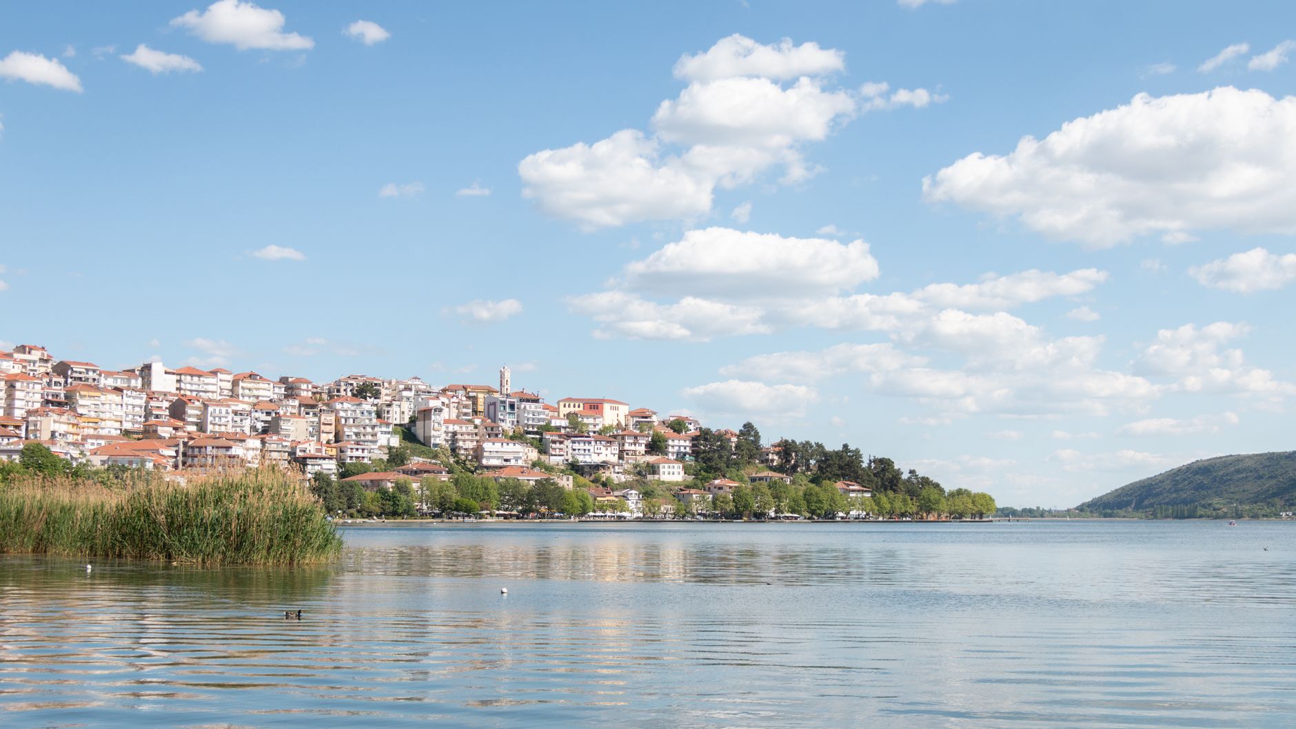 Lake Orestiada in Kastoria with Byzantine churches and mansions along the shore