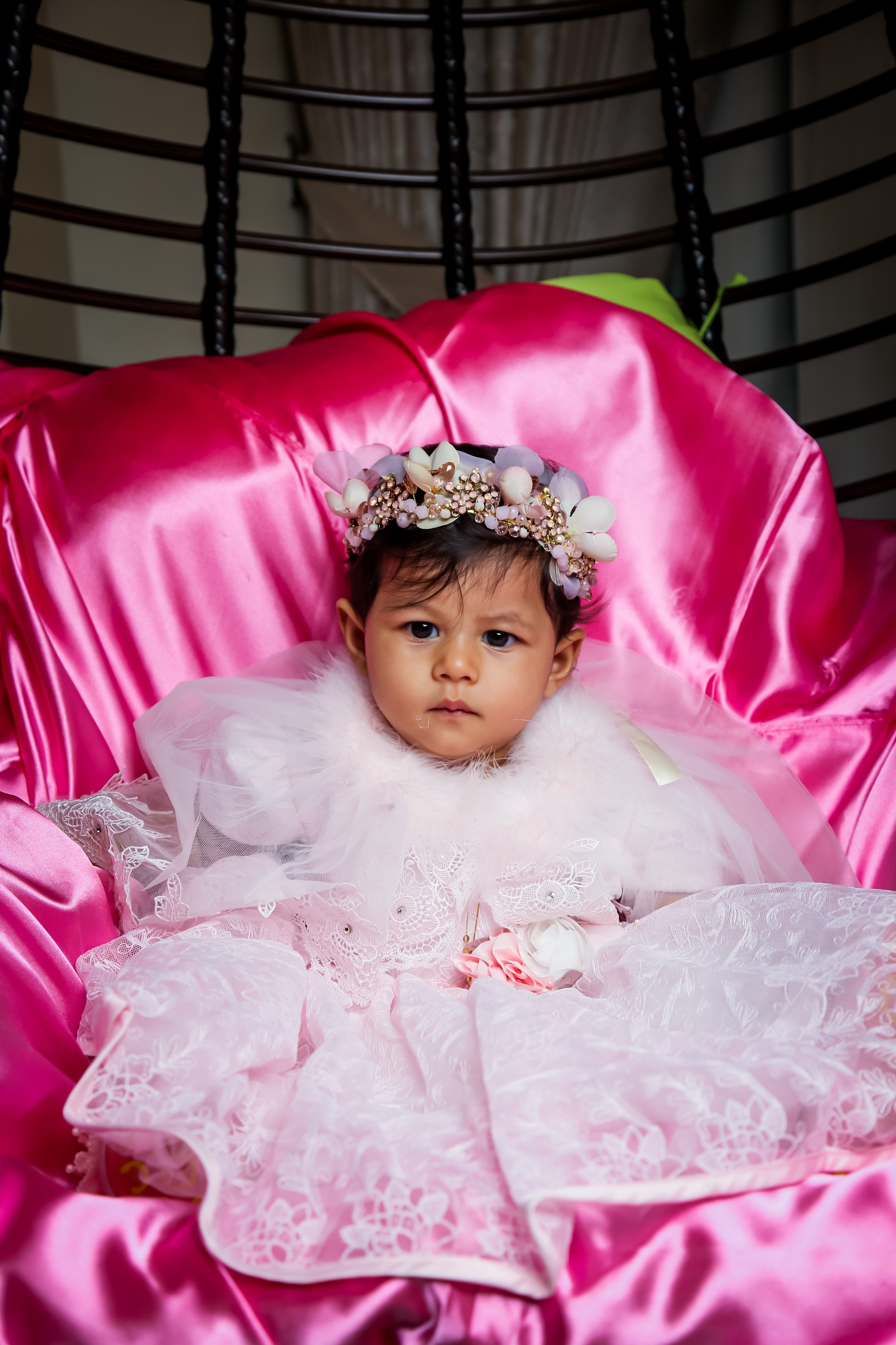 Cute Baby Girl Wearing a Pink Dress Sitting on a Pink Fabric · Free ...