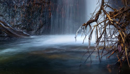 Scenic View of Waterfall during Winter