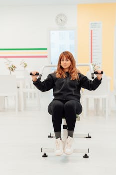 A woman in a gym setting, exercising with fitness equipment, promoting health and lifestyle.