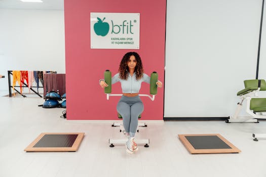 A woman exercising at B-Fit gym in Yalova, Türkiye, focused on fitness and health.