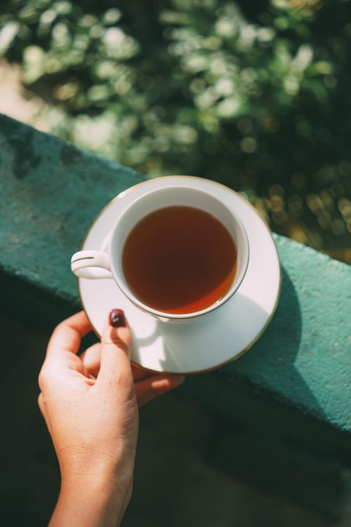 Free A person holding a cup of tea on a sunny day outdoors, ideal for relaxation themes. Stock Photo
