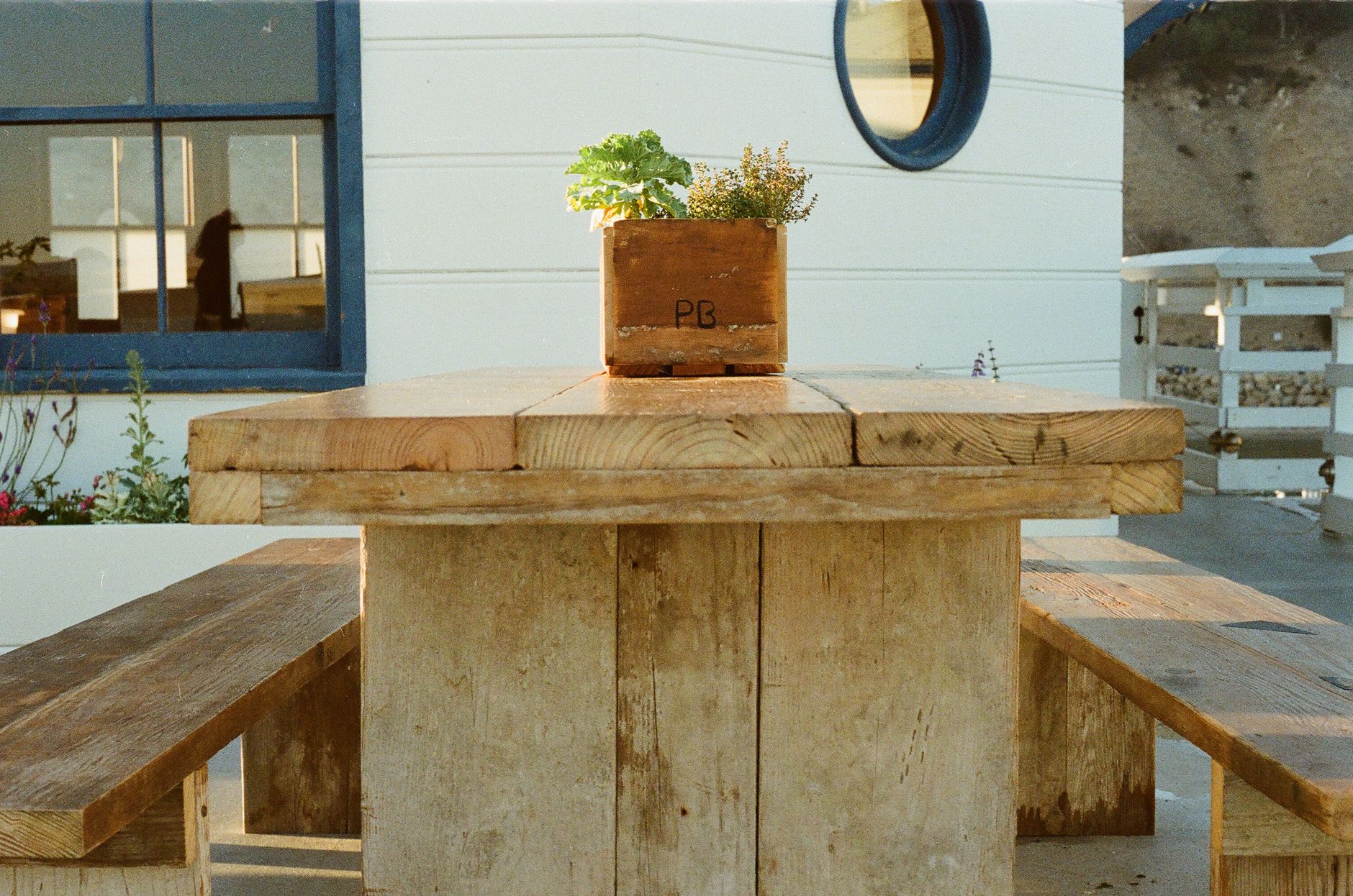 Rustic wooden picnic table with a flowerpot centerpiece in an outdoor setting.