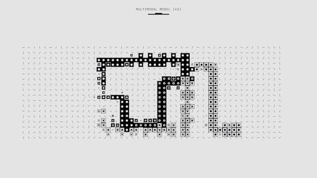 Abstract representation of a multimodal model with vectorized patterns and symbols in monochrome.
