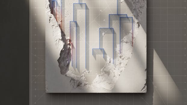 Abstract image of a cracked wall featuring blue geometric overlay patterns for an artistic effect.