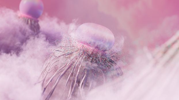 Artistic depiction of a jellyfish floating in a dreamy pink fantasy environment, evoking a sense of wonder.