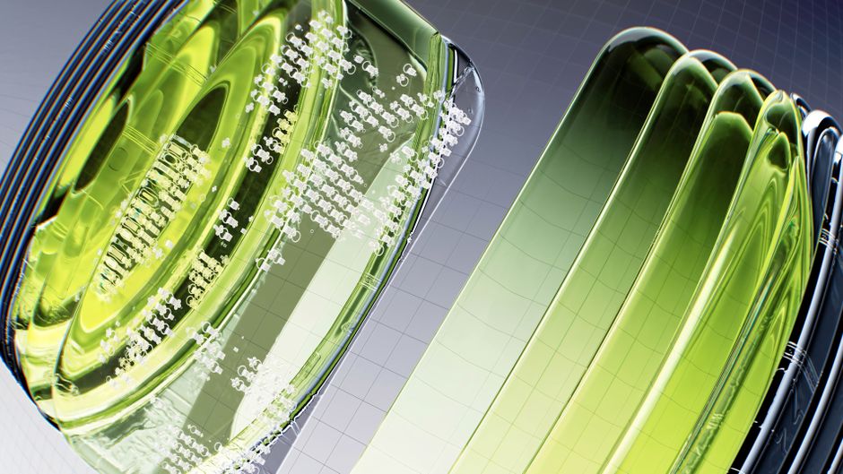Abstract image of a glass lens with intricate geometric patterns and green hues.
