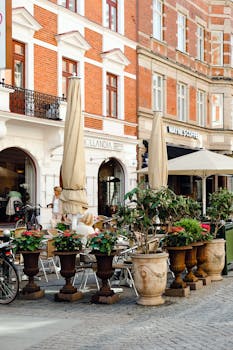 瑞典马尔默的咖啡街风景宜人，设有户外座位，点缀着鲜艳的鲜花