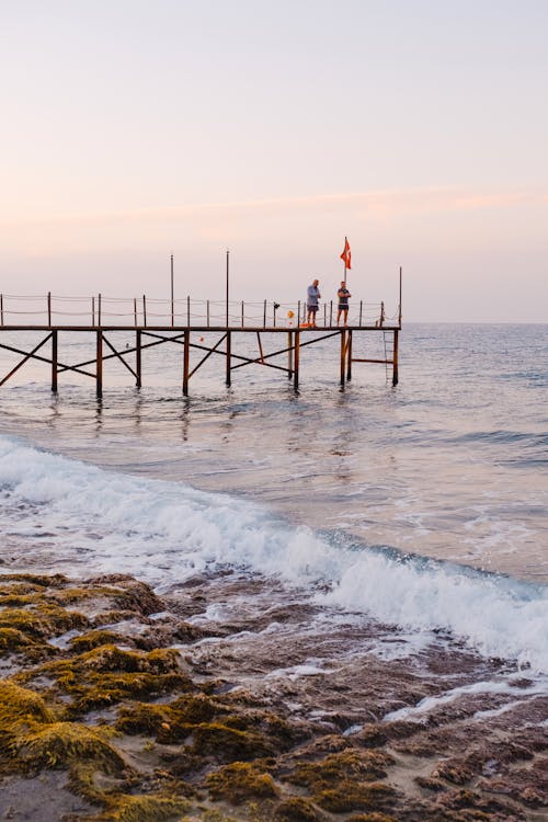 Two Persons Standing on Wooden Dock during Day