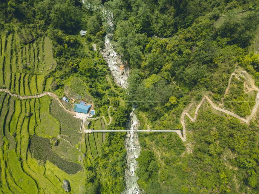 Best Everest Base Camp Helicopter Tour Review: The Ultimate 5.5-Hour Adventure to the Top of the World Review 2026 - Stunning aerial view showcasing terraced fields and pathways in Ghandruk, Nepal.