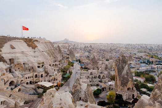 A breathtaking view of Göreme's unique rock formations and cave dwellings at sunrise in Cappadocia, Turkey.