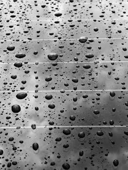 Close-up of water droplets on a window glass in black and white, creating an abstract pattern.