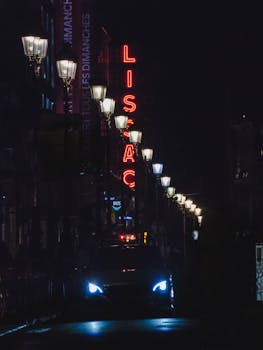 巴黎夜晚的街景变幻莫测，霓虹灯招牌与汽车前灯交相辉映