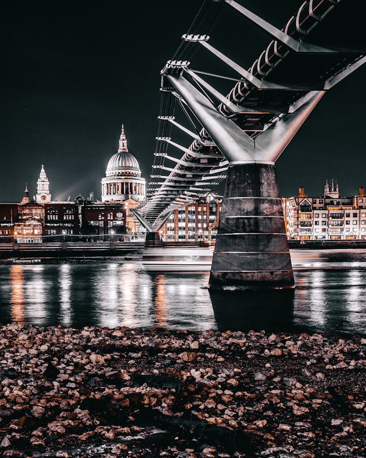 Grayscale Photography Of Bridge During Nighttime