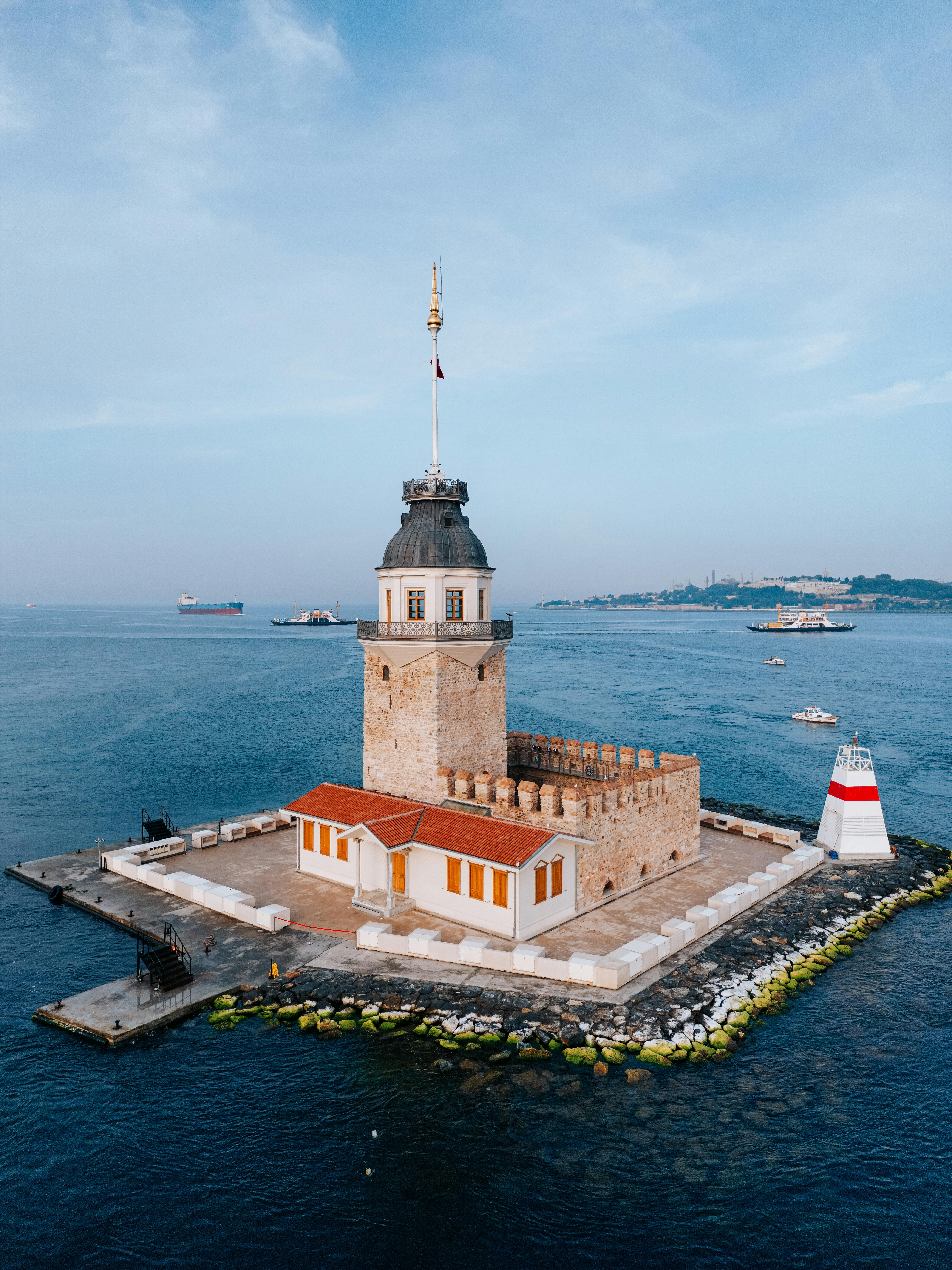 Aerial view of the iconic Maiden's Tower surrounded by the Bosphorus waters in Istanbul.