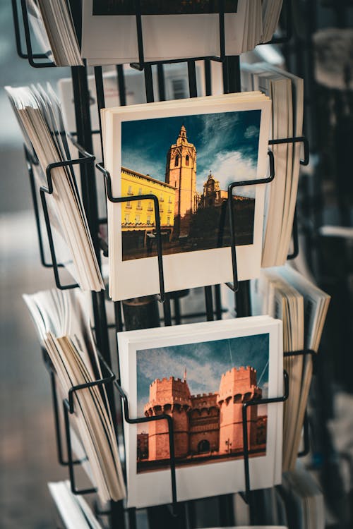 A photo frame with pictures of buildings