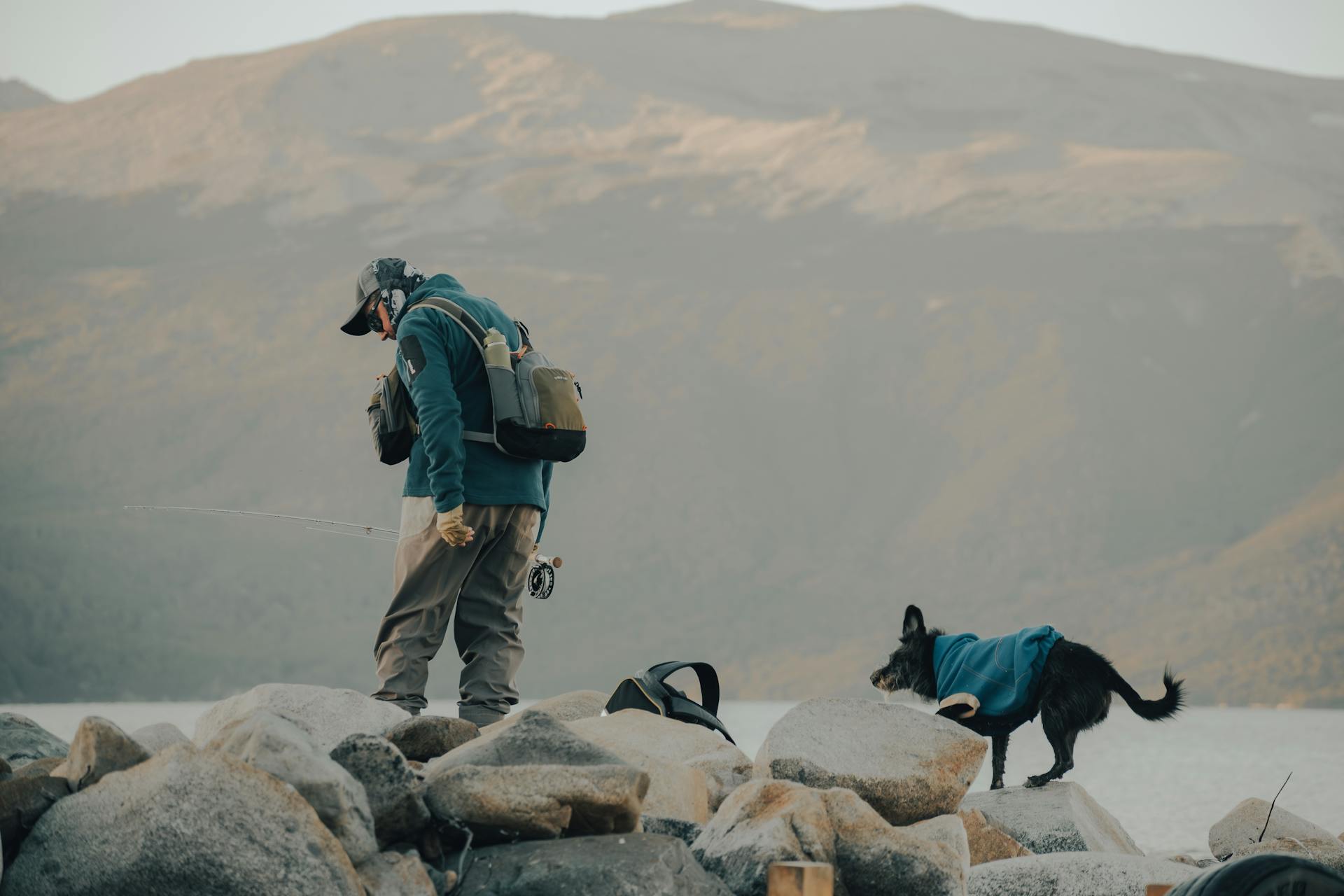 Man with Backpack Hiking with Dog on Lakeshore