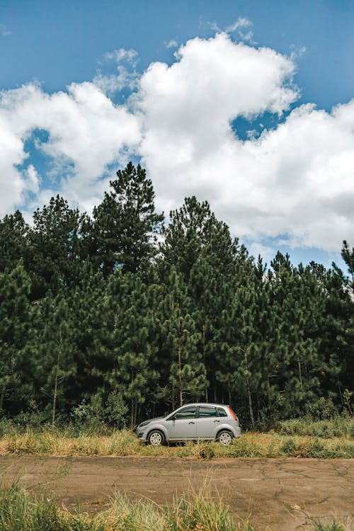 A car parked in the middle of a field