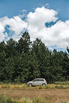 A silver car parked by a forest road under a bright blue sky with fluffy clouds.