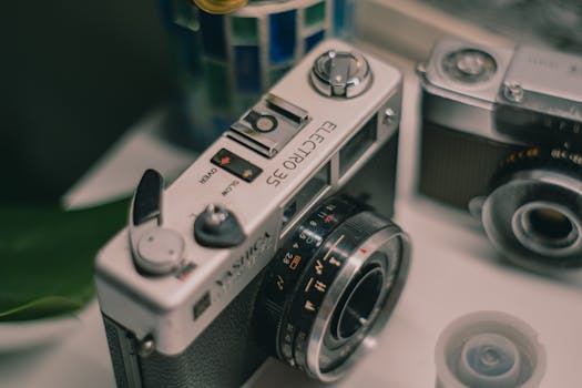 Close-up shot of a vintage Yashica Electro 35 camera showcasing its classic design and details.