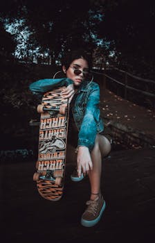 一位穿着牛仔夹克、戴着太阳镜的时尚年轻女子，在桥上拿着滑板摆姿势