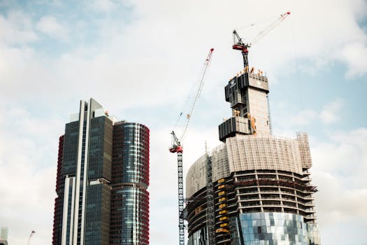 A cityscape featuring skyscrapers under construction with cranes against a cloudy sky.