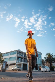 Young African man posing stylishly on an urban street with modern architecture.