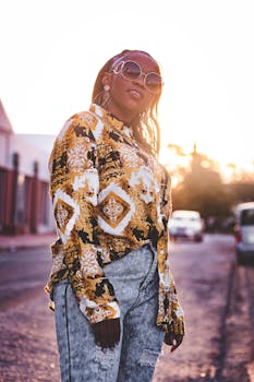 日落时分，一位时尚女性戴着墨镜，身着休闲别致的服装在户外摆姿势
