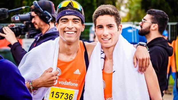 两名微笑的男性马拉松运动员赛后拿着毛巾和比赛号码庆祝