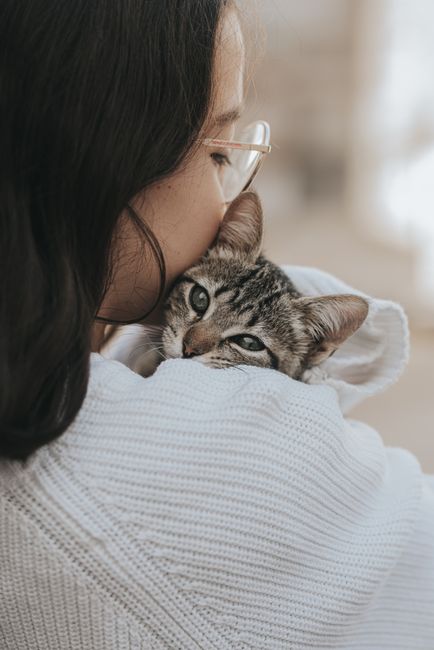 A woman gently embraces a tabby kitten, highlighting warmth and companionship.