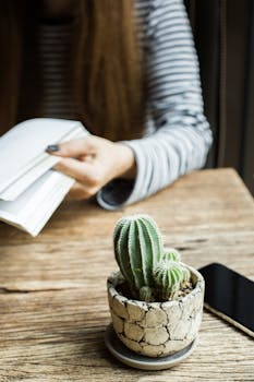 一位女士在木桌旁，仙人掌边看书，传达出放松和休闲的感觉