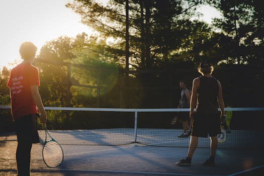 Three young men playing tennis on an outdoor court at sunset, capturing a vibrant and active moment.