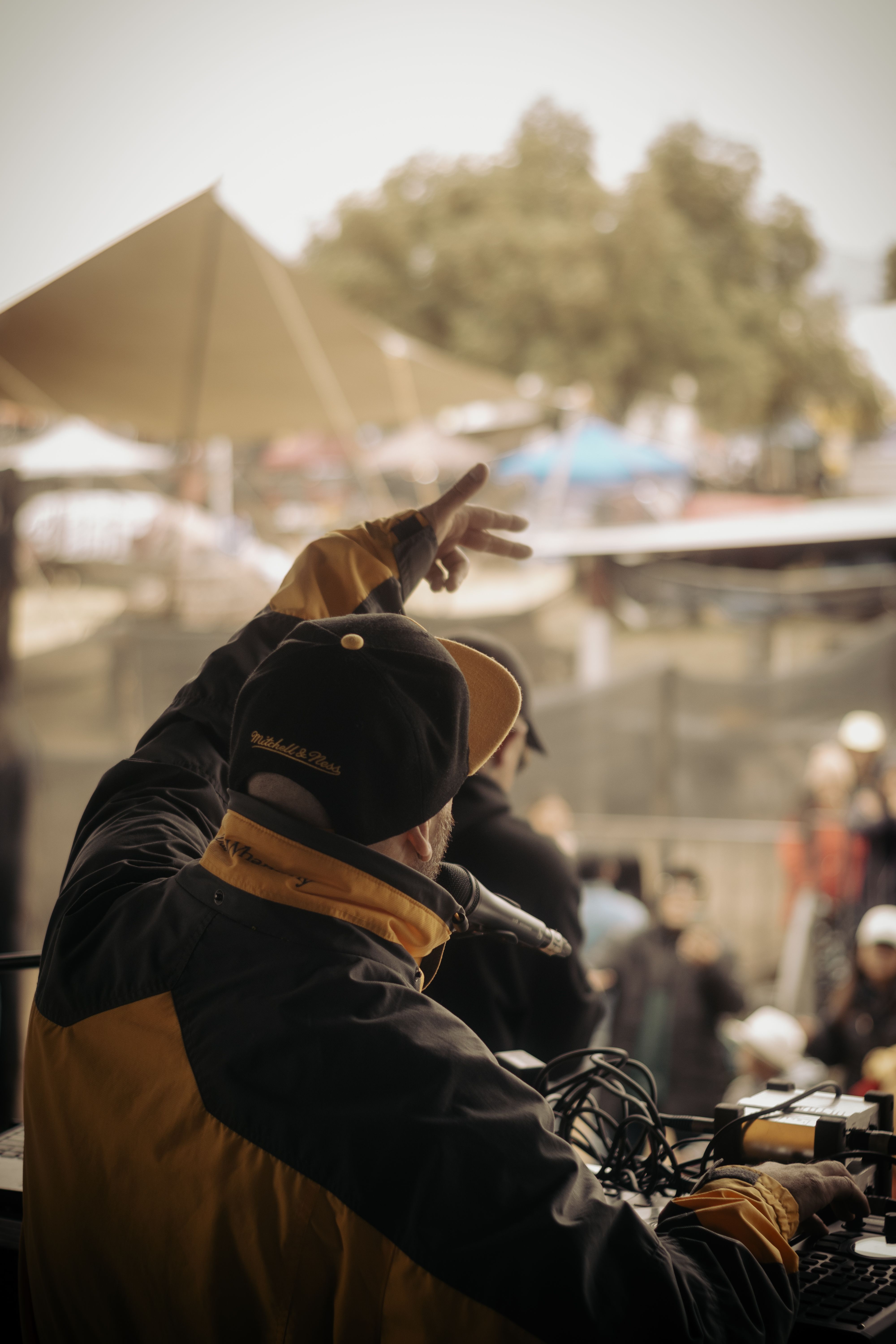 DJ energizing a large crowd at an outdoor festival, showcasing vibrant music.