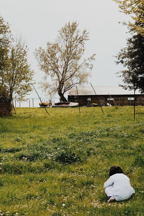 Free stock photo of child playing outside, grass, rustic