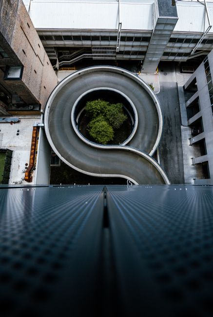 High-angle view of a spiral road surrounded by urban architecture in downtown Chicago.