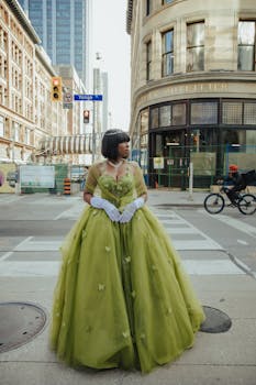 A woman in an elegant green gown poses on a city street, showcasing urban fashion.