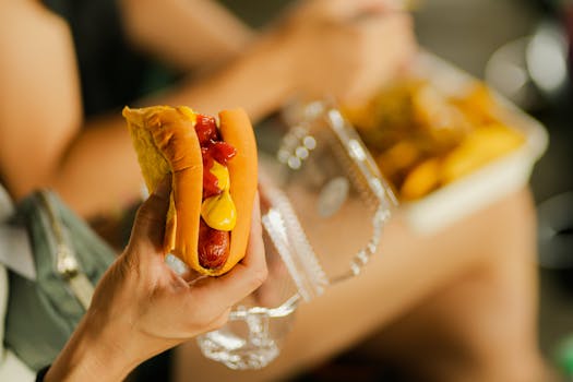 Close-up of a hot dog with mustard and ketchup held in hand, perfect street food meal.