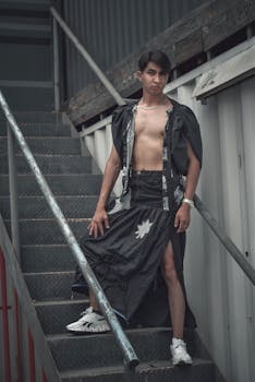 A shirtless male model poses in unique fashion attire on industrial stairs, showcasing bold style.