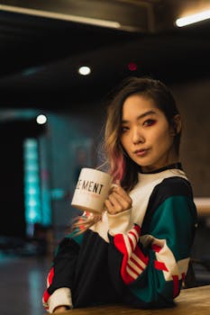 一位年轻时尚的女子在室内手持咖啡杯，肖像现代而充满活力