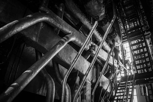 Black and white photo of intricate pipes and machinery in a Lisbon factory, showcasing industrial design.