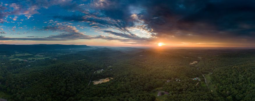 A breathtaking aerial view of sunlit forests during sunrise, capturing the beauty of nature.