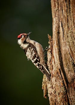 镜头详细捕捉了栖息在树上的羽绒啄木鸟，展现了它的独特特征